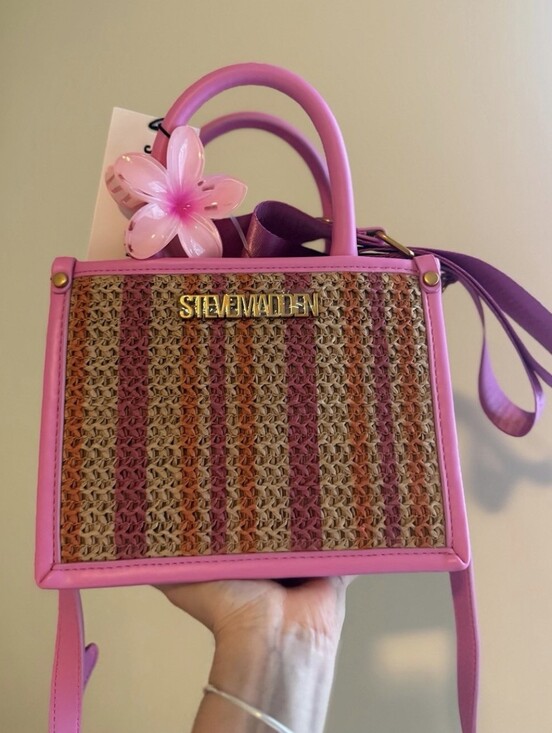 Steve Madden Handbags - Steve Madden Pink Straw Top-Handle Bag with Floral Accent